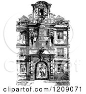 Clipart Of A Vintage Black And White Facade Of Clare College In Cambridge Uk Royalty Free Vector Illustration