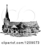 Clipart Of A Vintage Black And White Norman Church In England Royalty Free Vector Illustration