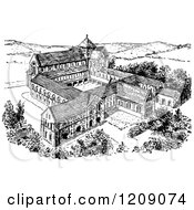 Clipart Of A Vintage Black And White Norman Monastery Royalty Free Vector Illustration