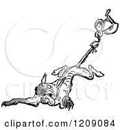 Clipart Of A Vintage Black And White Running Dog With A Jug Tied To Its Tail Royalty Free Vector Illustration