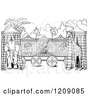 Clipart Of A Vintage Black And White Circus Animal Cage And Tents Royalty Free Vector Illustration
