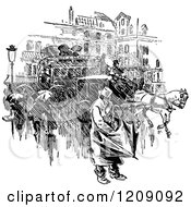 Clipart Of A Vintage Black And White Rainy Day In Paris Royalty Free Vector Illustration