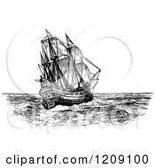 Clipart Of A Vintage Black And White Spanish Galleon Ship Royalty Free Vector Illustration