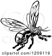 Clipart Of A Vintage Black And White Flying Bee Royalty Free Vector Illustration