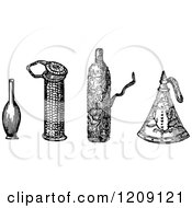 Clipart Of Vintage Black And White Ancient Flasks And Bottles Royalty Free Vector Illustration