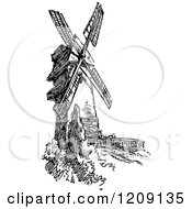 Clipart Of A Vintage Black And White Windmill Royalty Free Vector Illustration