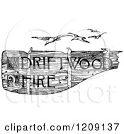 Clipart Of A Vintage Black And White Driftwood Fire Sign And Seagulls Royalty Free Vector Illustration