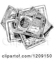 Clipart Of A Vintage Black And White Pile Of Continental Bills Royalty Free Vector Illustration
