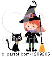 Cute Halloween Witch With A Broom And Black Cat