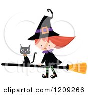 Cute Halloween Witch Riding A Broomstick With A Black Cat