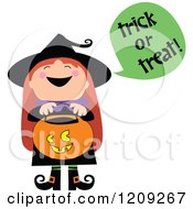 Poster, Art Print Of Cute Halloween Witch Shouting Trick Or Treat And Holding A Pumpkin Basket