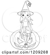 Poster, Art Print Of Black And White Witch Girl Sitting On A Halloween Jackolantern Pumpkin