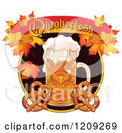 Poster, Art Print Of Beer Mug And Soft Pretzels Under An Oktoberfest Banner With Autumn Leaves