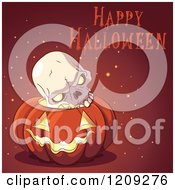 Poster, Art Print Of Happy Halloween Greeting Over A Skull In A Jackolantern Pumpkin