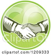 Clipart Of Retro Woodut Men Shaking Hands In A Green Sunny Circle Royalty Free Vector Illustration by patrimonio