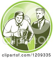 Poster, Art Print Of Retro Woodcut Businessman Receiving A Trophy From His Boss In A Green Sunny Circle