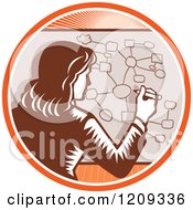 Clipart Of A Retro Woodcut Businesswoman Drawing A Complex Diagram In An Orange Sunny Circle Royalty Free Vector Illustration by patrimonio