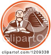 Retro Woodcut Black Businessman With Folded Arms Over A Pyramid In An Orange Sunny Circle