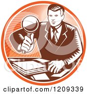 Poster, Art Print Of Retro Woodut Businessman Inspecting Documents With A Magnifying Glass In An Orange Circle