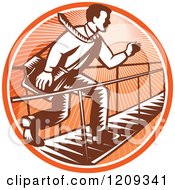 Poster, Art Print Of Retro Woodcut Businessman Running Across A Foot Bridge In An Orange Sunny Circle