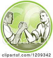 Retro Woodcut Competitive Businessmen Arm Wrestling In A Green Sunny Circle