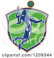 Clipart Of A Silhouetted Retro Female Volleyball Player Jumping Over A Green Shield Royalty Free Vector Illustration