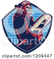 Retro Snowboarder In A Blue Diamond Patterned Crest Shield