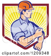 Poster, Art Print Of Retro Construction Worker Rolling Up His Sleeves Over A Sunny Shield