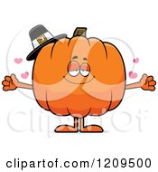 Cartoon Of A Loving Pilgrim Pumpkin Mascot Wanting A Hug Royalty Free Vector Clipart by Cory Thoman