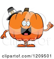 Smart Pilgrim Pumpkin Mascot Holding Up A Finger