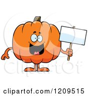 Happy Pumpkin Mascot Holding A Sign