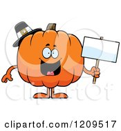Happy Pilgrim Pumpkin Mascot Holding A Sign
