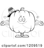 Cartoon Of A Black And White Loving Pilgrim Pumpkin Mascot Wanting A Hug Royalty Free Vector Clipart