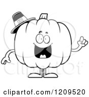 Cartoon Of A Black And White Smart Pilgrim Pumpkin Mascot Holding Up A Finger Royalty Free Vector Clipart