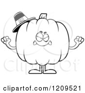Cartoon Of A Black And White Mad Pilgrim Pumpkin Mascot Holding Up Fists Royalty Free Vector Clipart