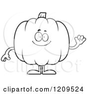 Cartoon Of A Black And White Friendly Pumpkin Mascot Waving Royalty Free Vector Clipart