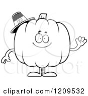 Cartoon Of A Black And White Friendly Pilgrim Pumpkin Mascot Waving Royalty Free Vector Clipart