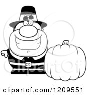 Poster, Art Print Of Black And White Happy Male Pilgrim Man With A Pumpkin