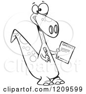 Cartoon Of A Black And White Happy Dinosaur Holding A Contract Royalty Free Vector Clipart
