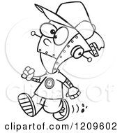 Cartoon Of A Black And White Robot Boy Walking Royalty Free Vector Clipart by toonaday