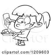 Cartoon Of A Black And White Hungry Girl Pouring Syrup On Her Food Royalty Free Vector Clipart