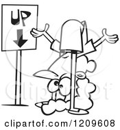 Poster, Art Print Of Black And White Confused Woman Contorting Her Body By An Up Down Sign