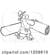 Cartoon Of A Black And White Happy Carpet Layer Man Carrying A Rolled Piece Royalty Free Vector Clipart