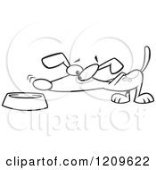 Cartoon Of A Black And White Dog Sniffing Food In A Bowl Royalty Free Vector Clipart