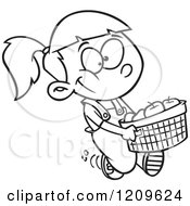 Cartoon Of A Black And White Happy Girl Carrying A Bushel Of Apples Royalty Free Vector Clipart