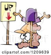 Cartoon Of A Confused Caucasian Woman Contorting Her Body By An Up Down Sign Royalty Free Vector Clipart
