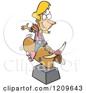Cartoon Of A Blond Cowgirl Woman Riding A Mechanical Bull Royalty Free Vector Clipart