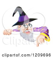 Poster, Art Print Of Happy Gray Bearded Wizard With Glasses Pointing Down At A Sign