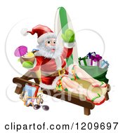 Poster, Art Print Of Relaxing Santa Holding A Cocktail And Waving With Vacation Items