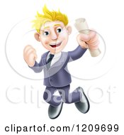 Happy Blond Graduate Business Man Jumping And Holding A Diploma
